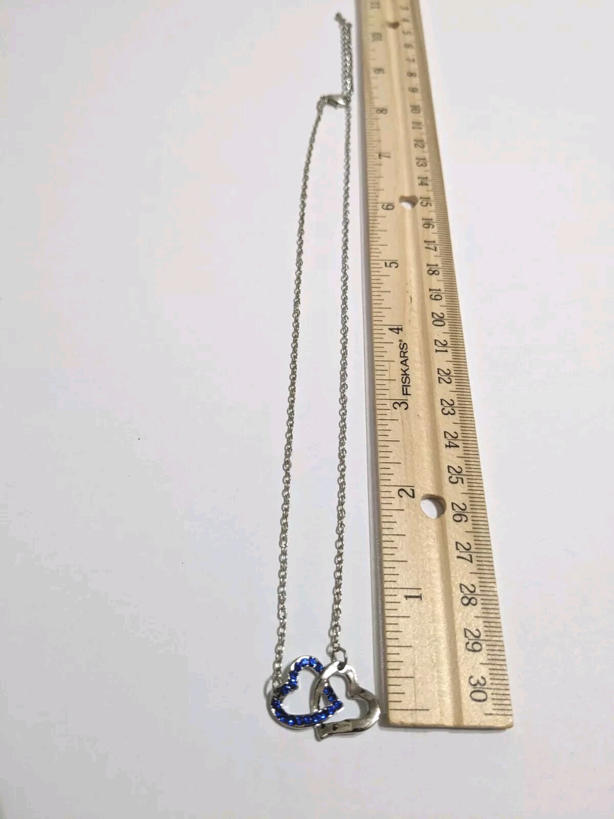 Interlinked Hearts Blue Rhinestones & Silver Tone Pendant Necklace. 16″. 2″ Ext.