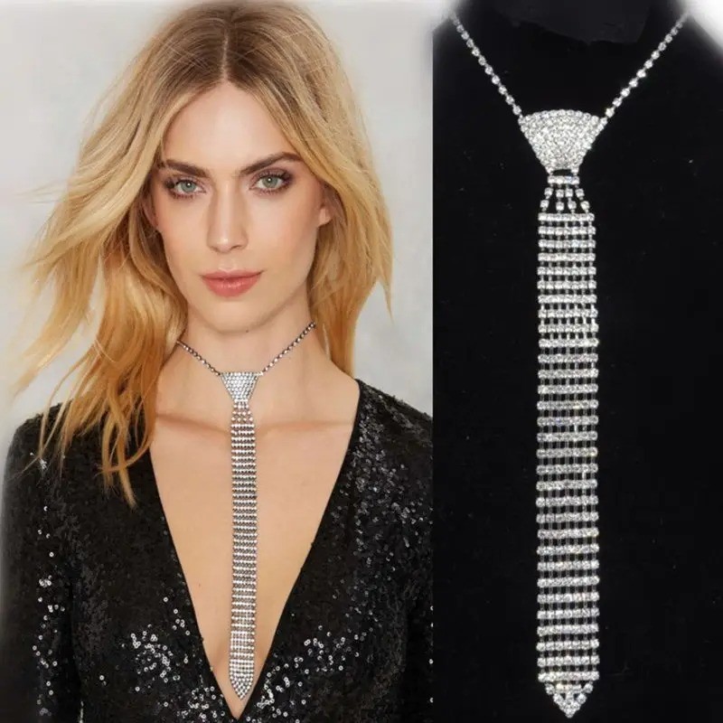 Luxury Rhinestone Tie Necklace for Women Crystal Choker Statement Necklace Party