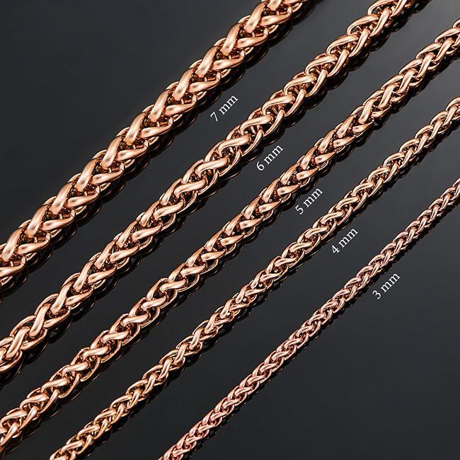 Braided Wheat Link 3-7mm Mens Chain Rose Gold Stainless Steel Necklace Gift