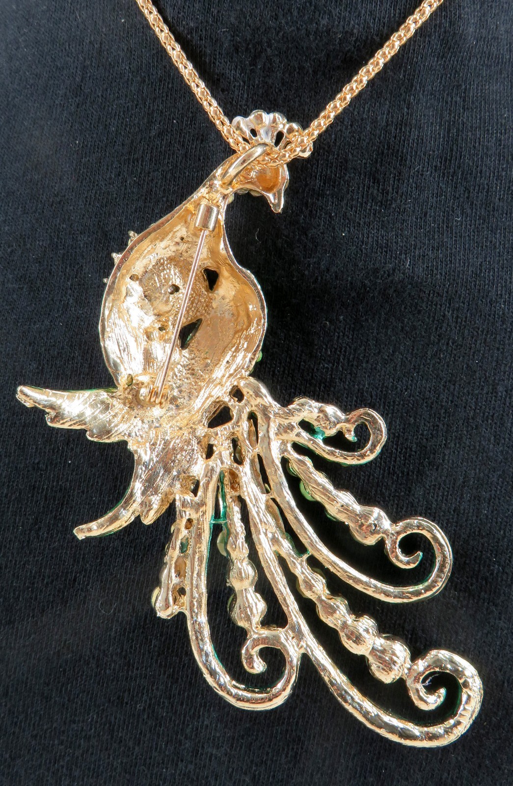 NWT-Betsey Johnson Multi-Color Crystal Peacock Pendant Brooch Goldtone Necklace