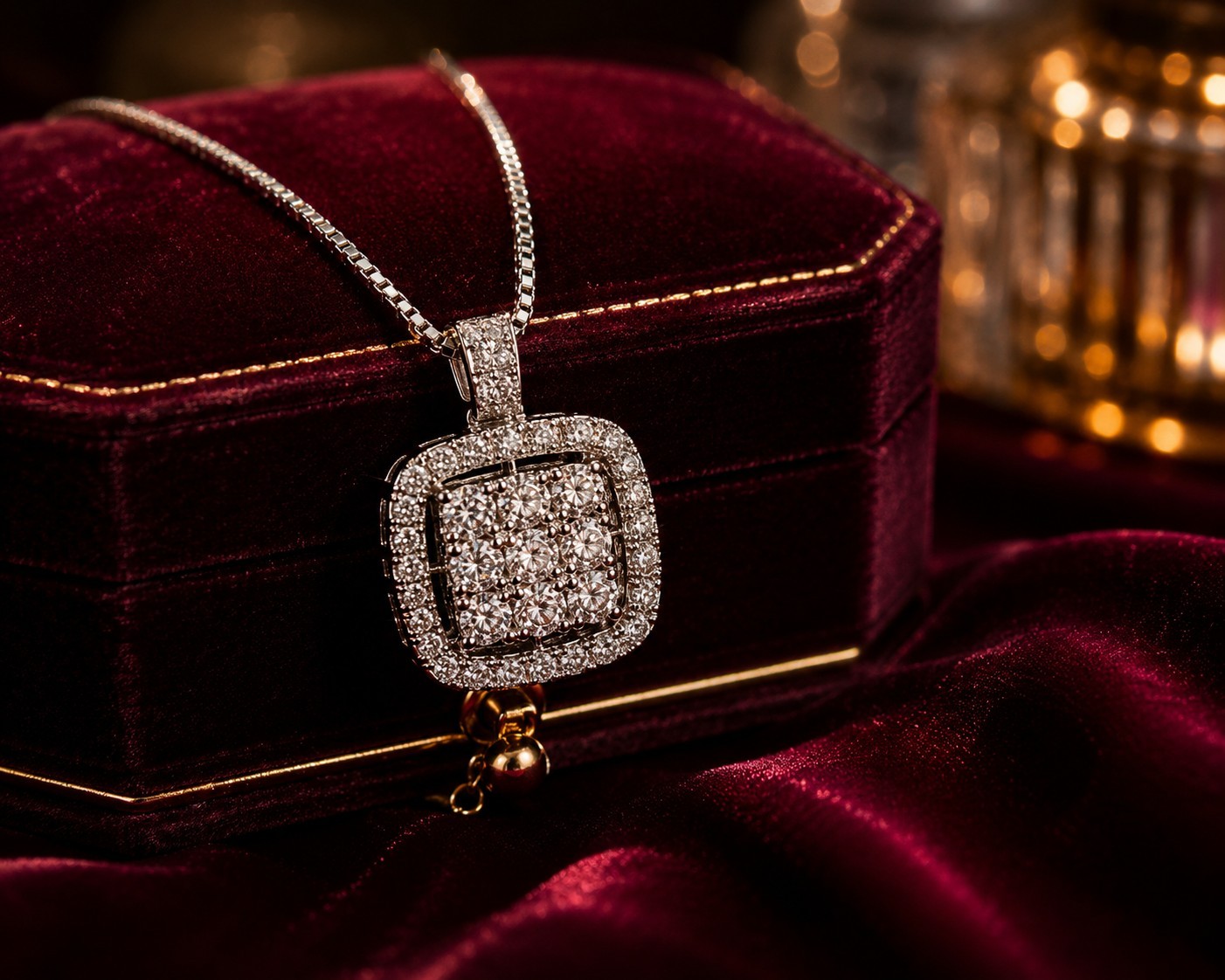 Silver Cushion Halo CZ Pendant Necklace – Box Chain, Pave Cubic Zirconia, 18″