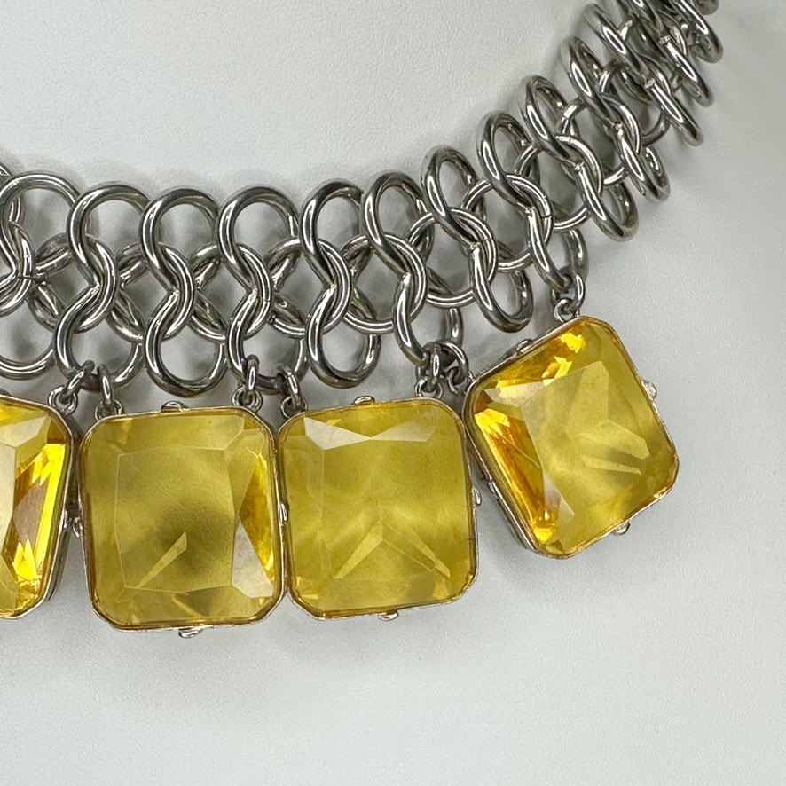 Chico’s Chunky Rhinestone Bib Necklace Yellow Silver Tone 16-20in