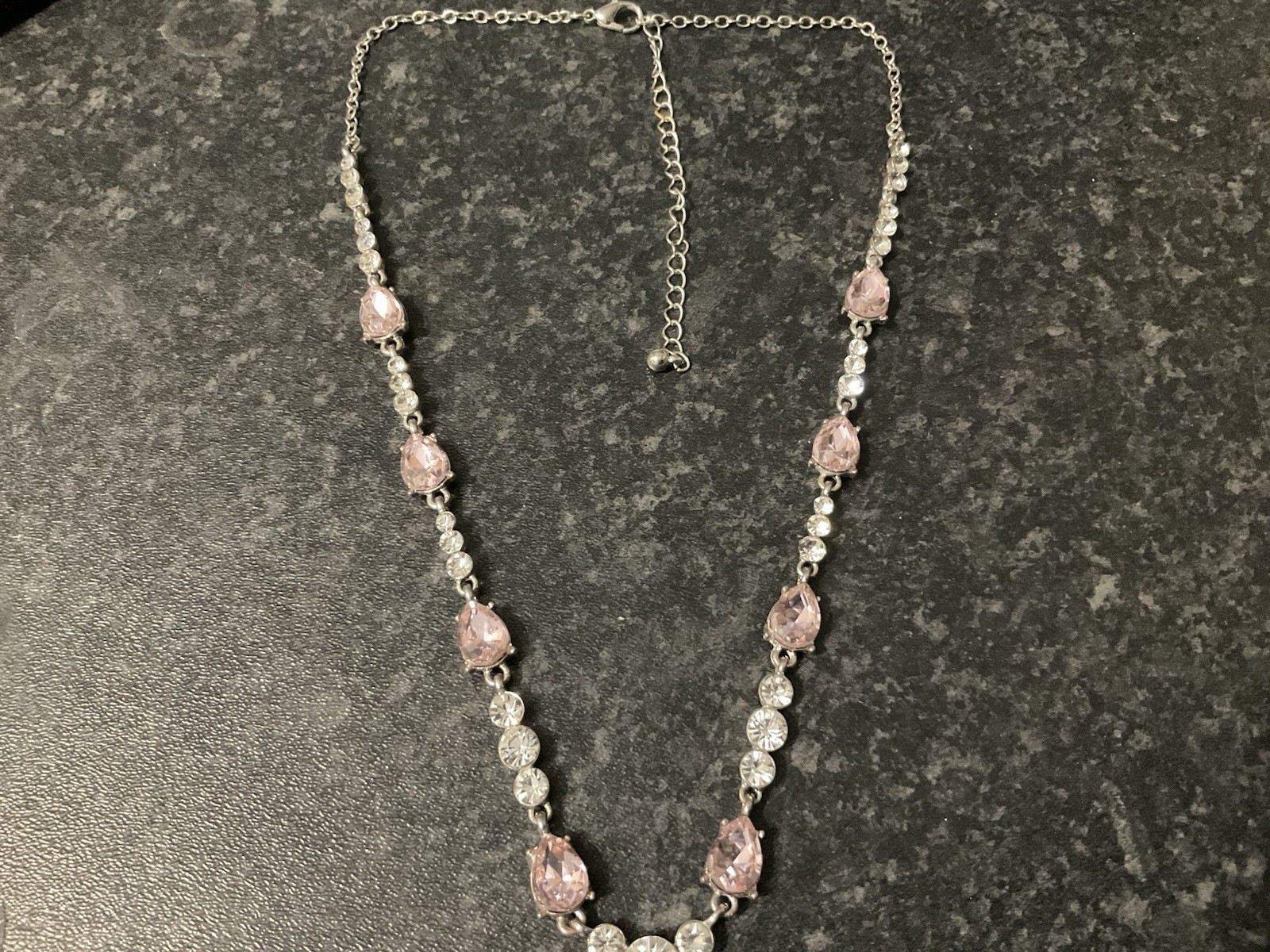 Preloved Y drop Necklace, Pink white crystal beads, silver tone 46cm + Extn