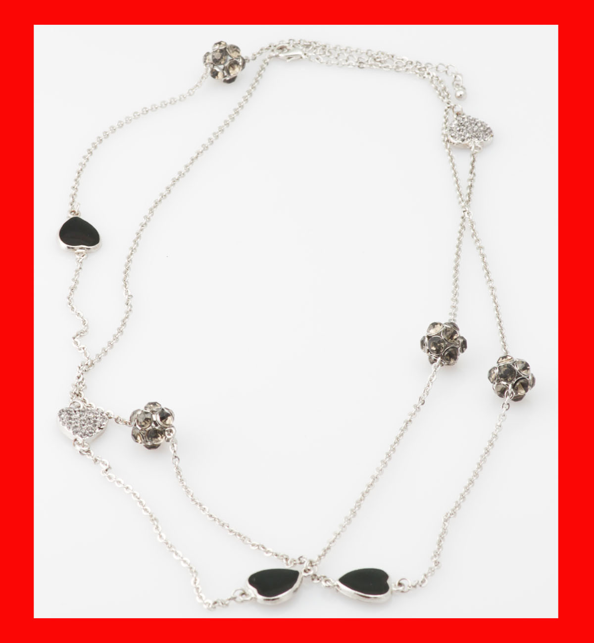 Black Heart Grey Crystal Rhinestone Ball Long Silver Chain Fashion Love Necklace
