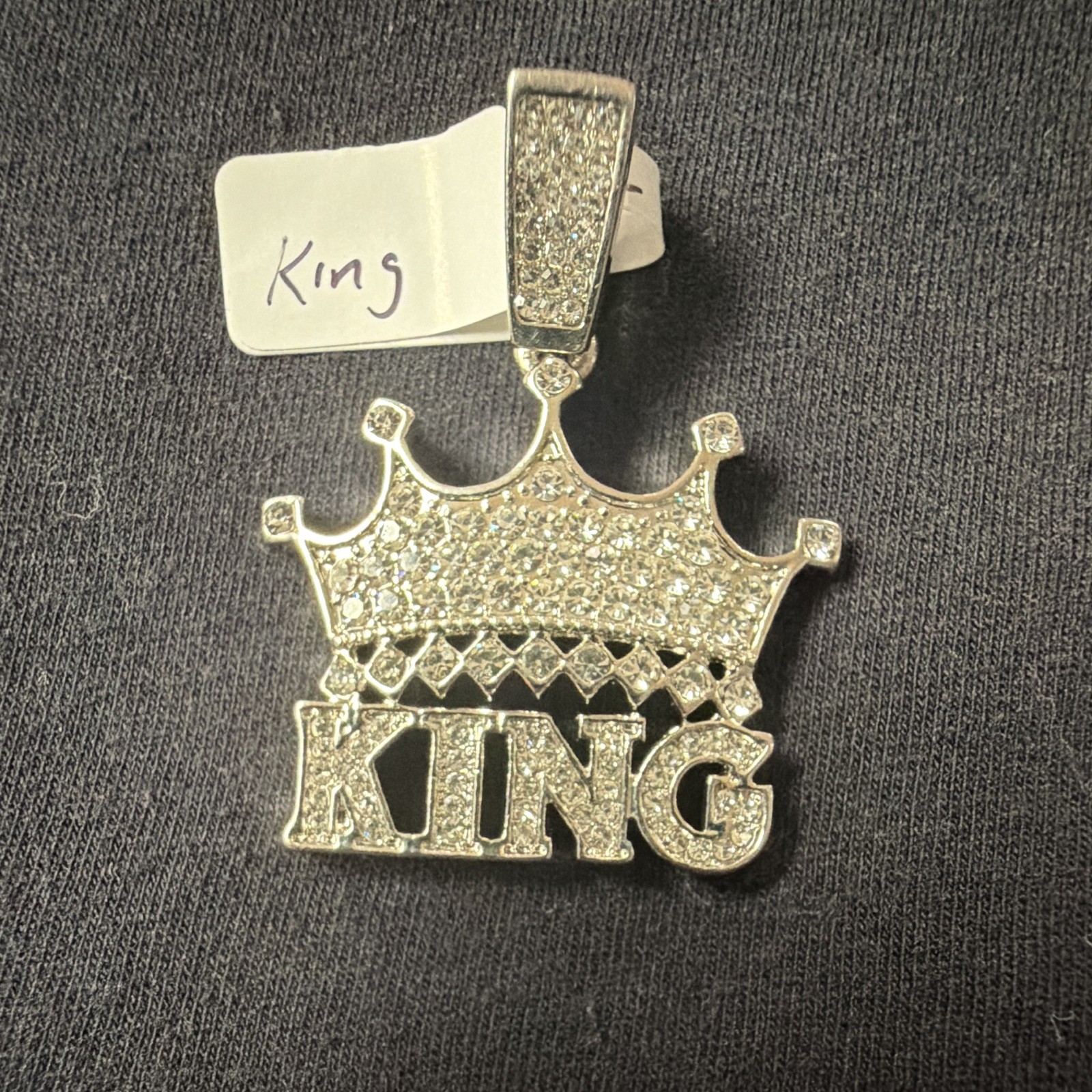 Silver Tone CZ “KING” Crown Pendant Charm, White/Colorless Pavé Hip Hop