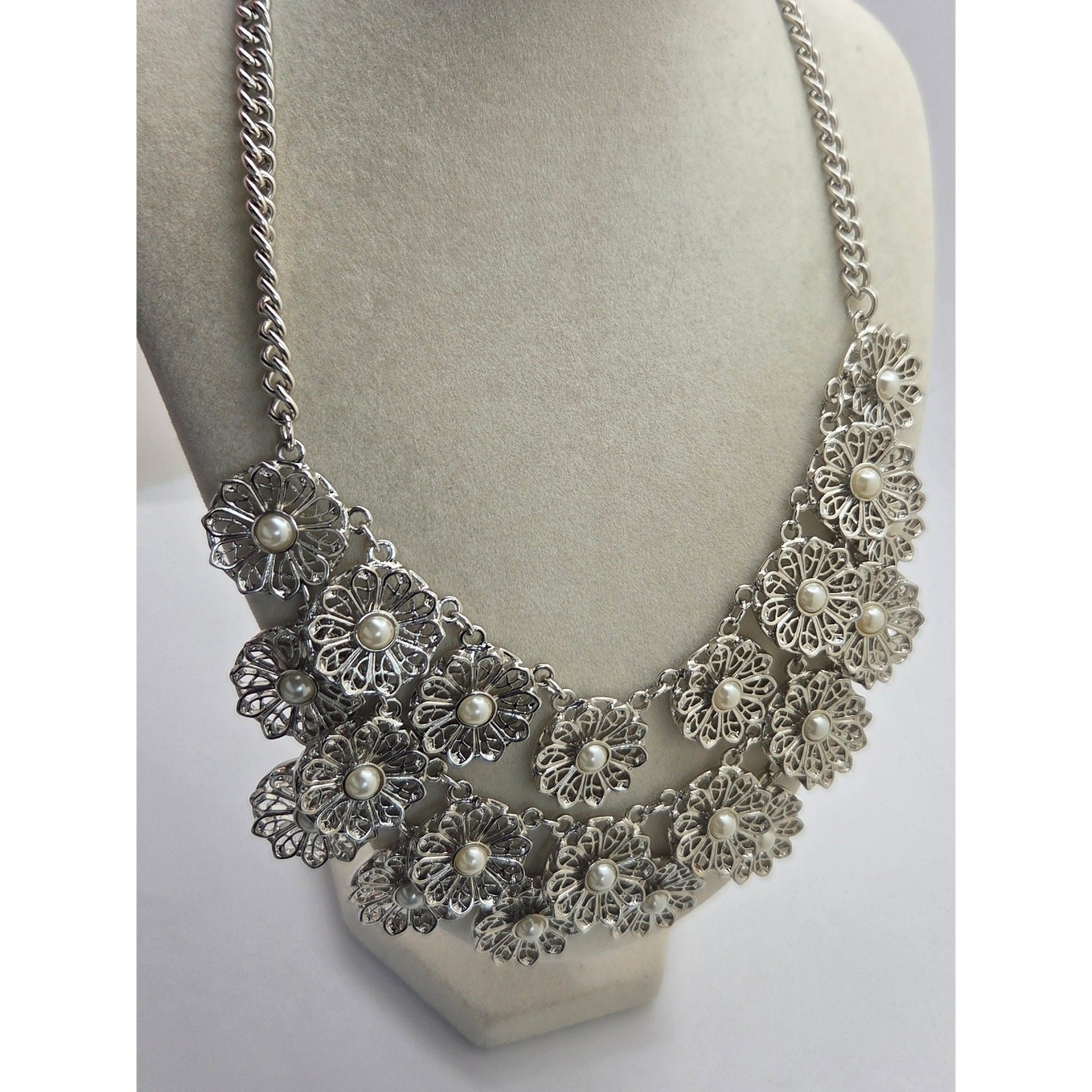 Vintage Inspired Silver Filigree Flower Faux Pearl Bib Statement Necklace 22″