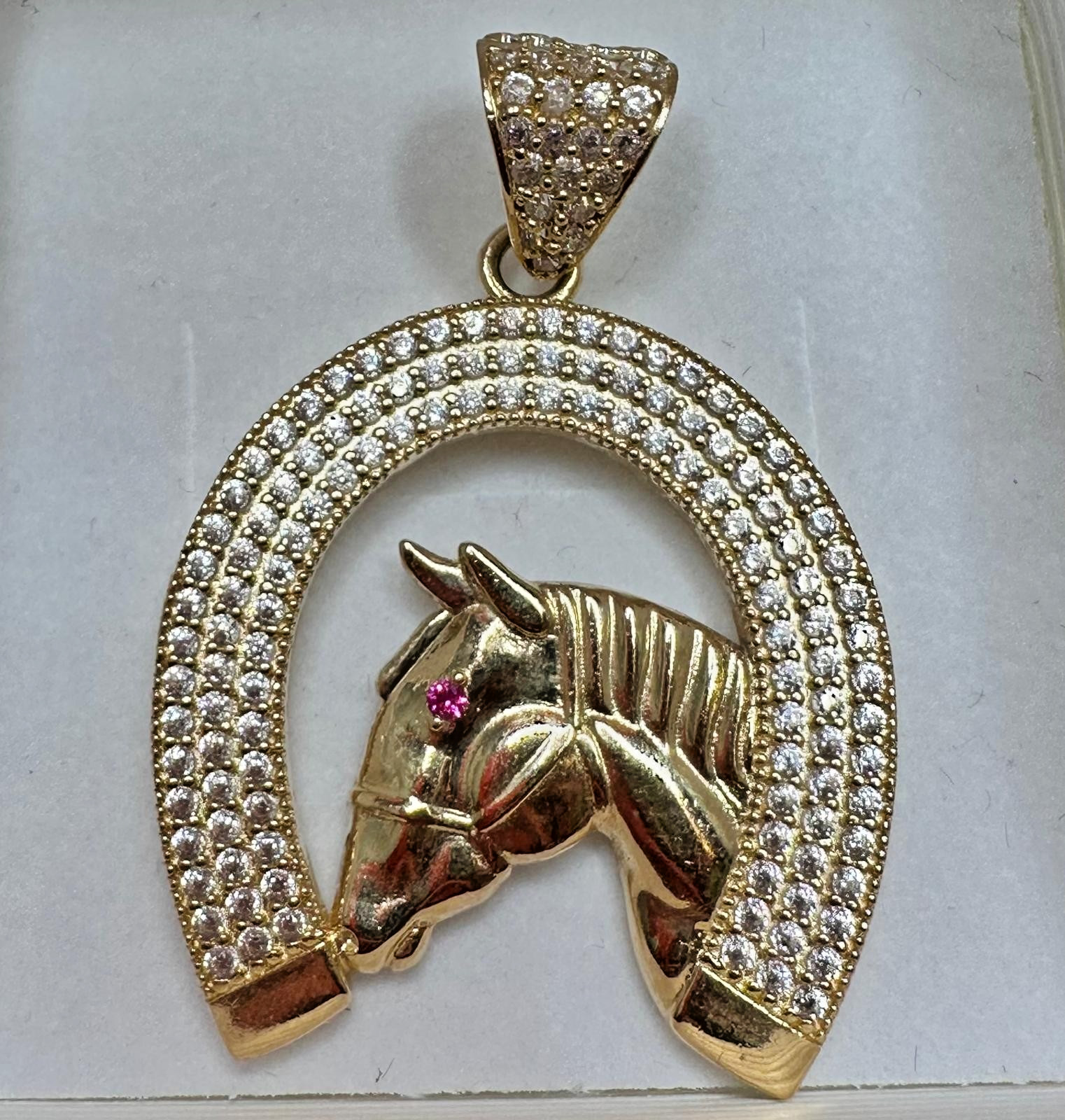 14K Yellow Gold Horseshoe Horse Head Pendant Cubic Zirconia/Ruby