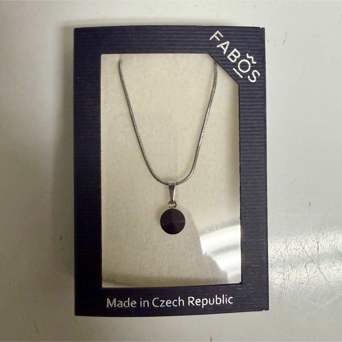 Fabo’s Silver Tone Snake Chain Necklace w/ Round Black Charm Pendant Czech