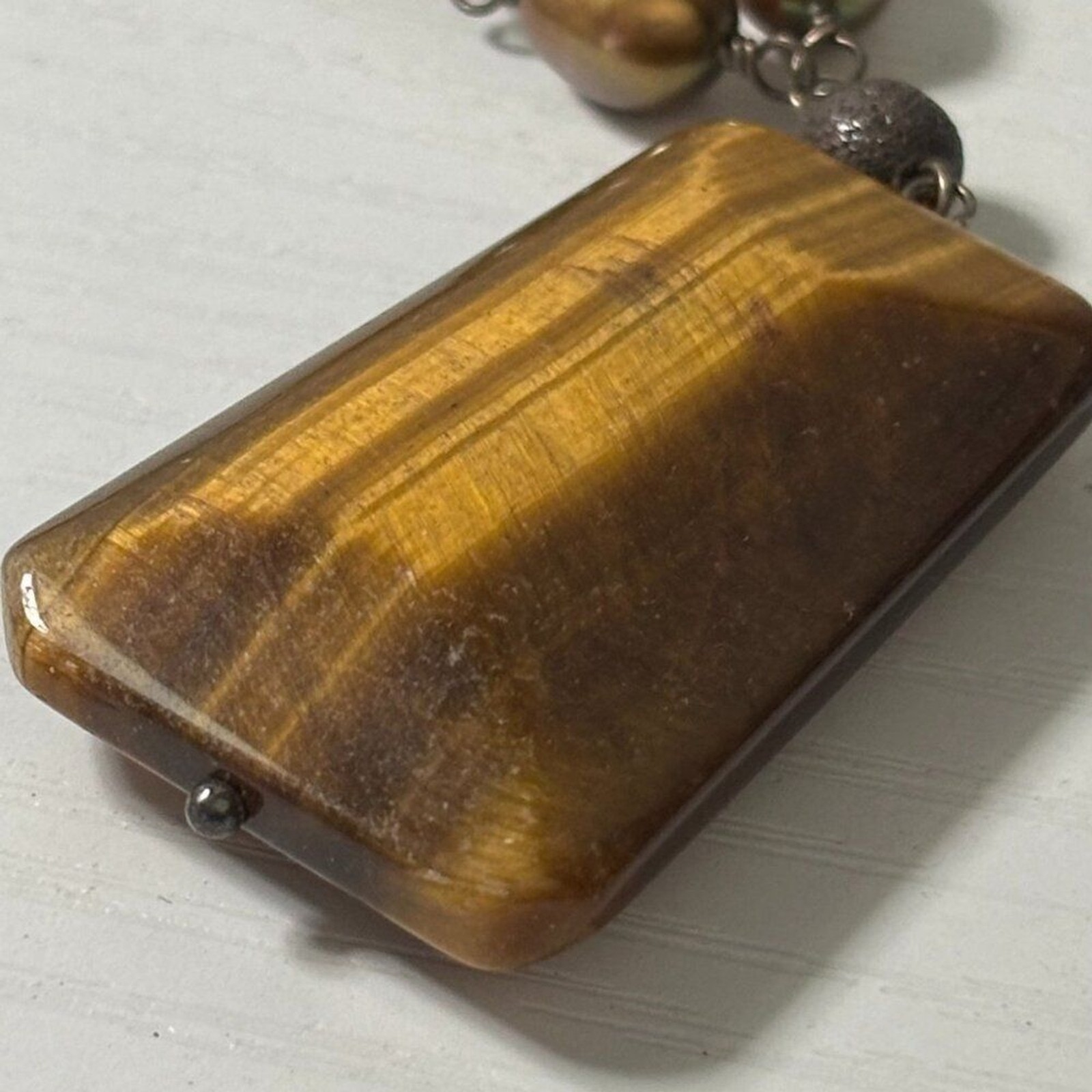 Natural Tigers Eye Bronze Pearl Statement Pendant Necklace Toggle Clasp