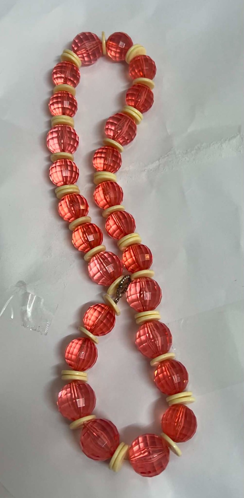 Vintage Style Faceted Pink Bead Necklace with Cream Spacer Discs, Costume Jewelr