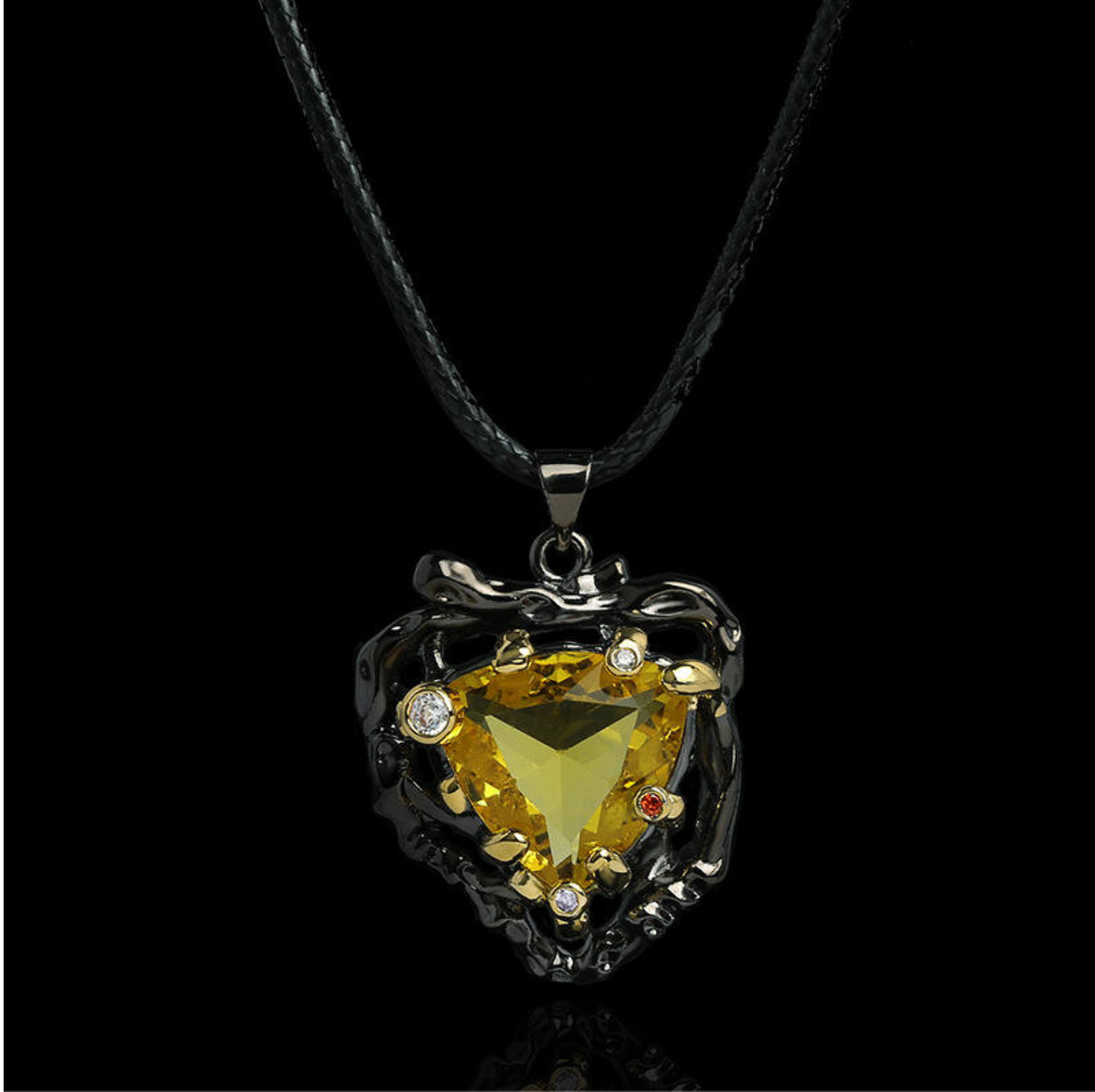 Yellow Cubic Zirconia Pendant Necklace Trillion Cut Black Gothic Halo Style