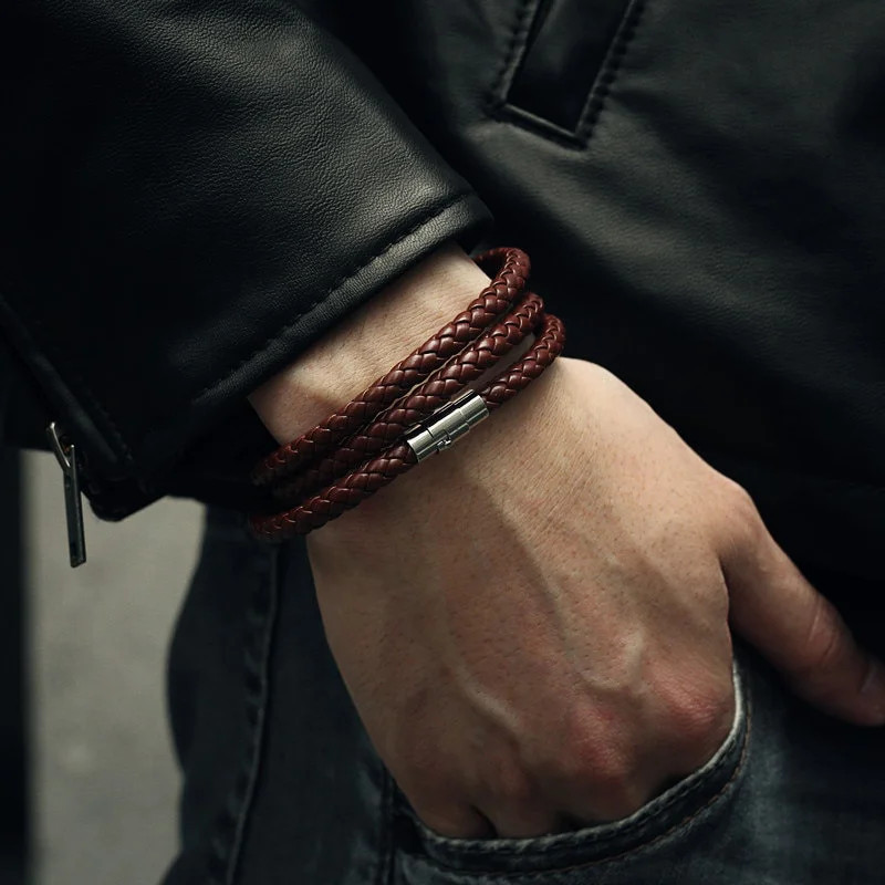 Punk Men’s Leather Braided Rope Chain Necklace Men Women Stainless Steel Magneti