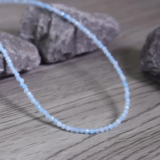 Blue Aquamarine Choke Necklace Tiny 2mm Beaded r Healing Delicate Women Crystal
