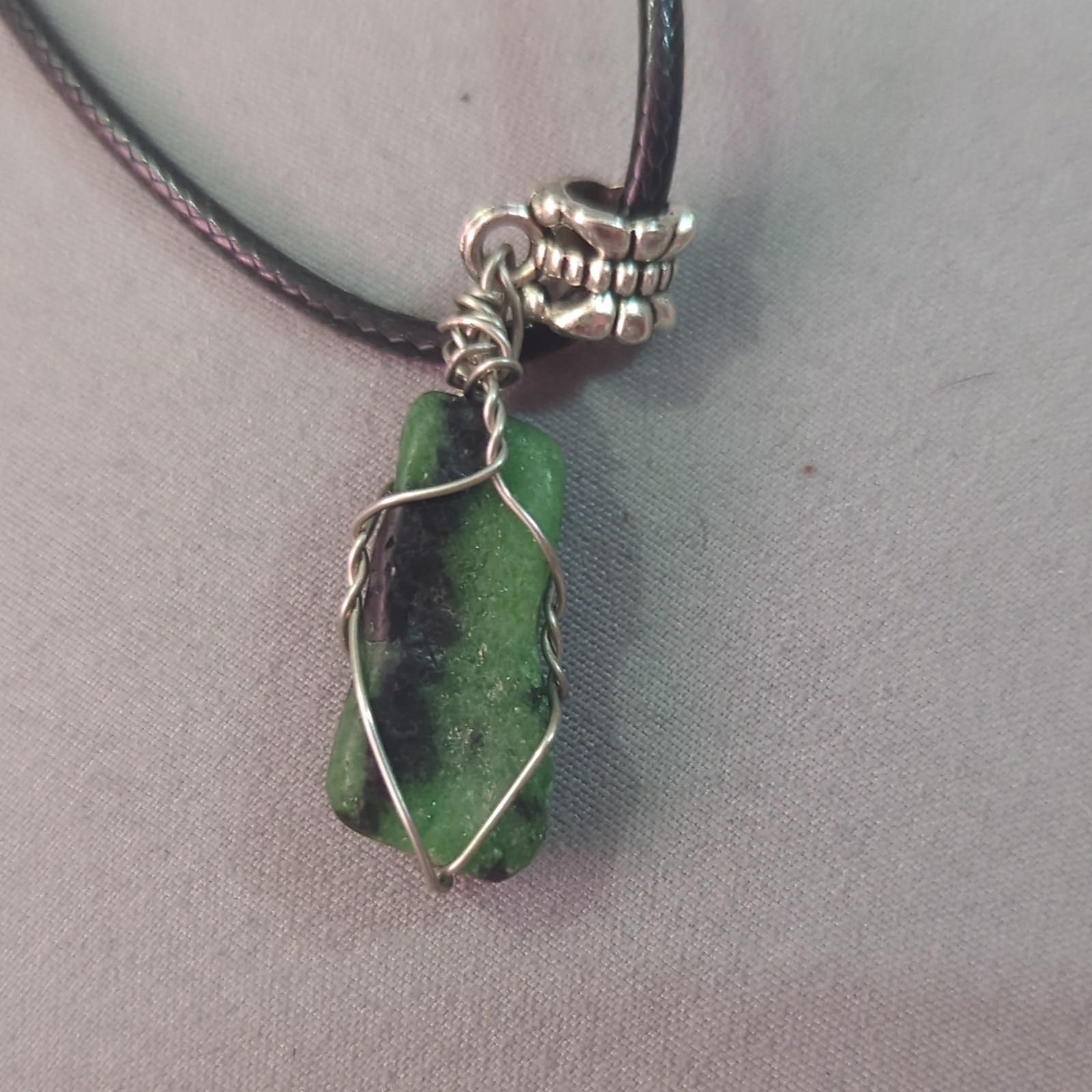 Wire Wrapped Tumbled Emerald Pendant Necklace