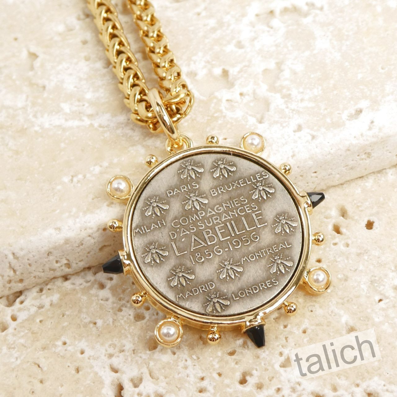 Designer VB&CO Vintage Style Pearl Accent French Bee Coin Pendant Necklace Chic