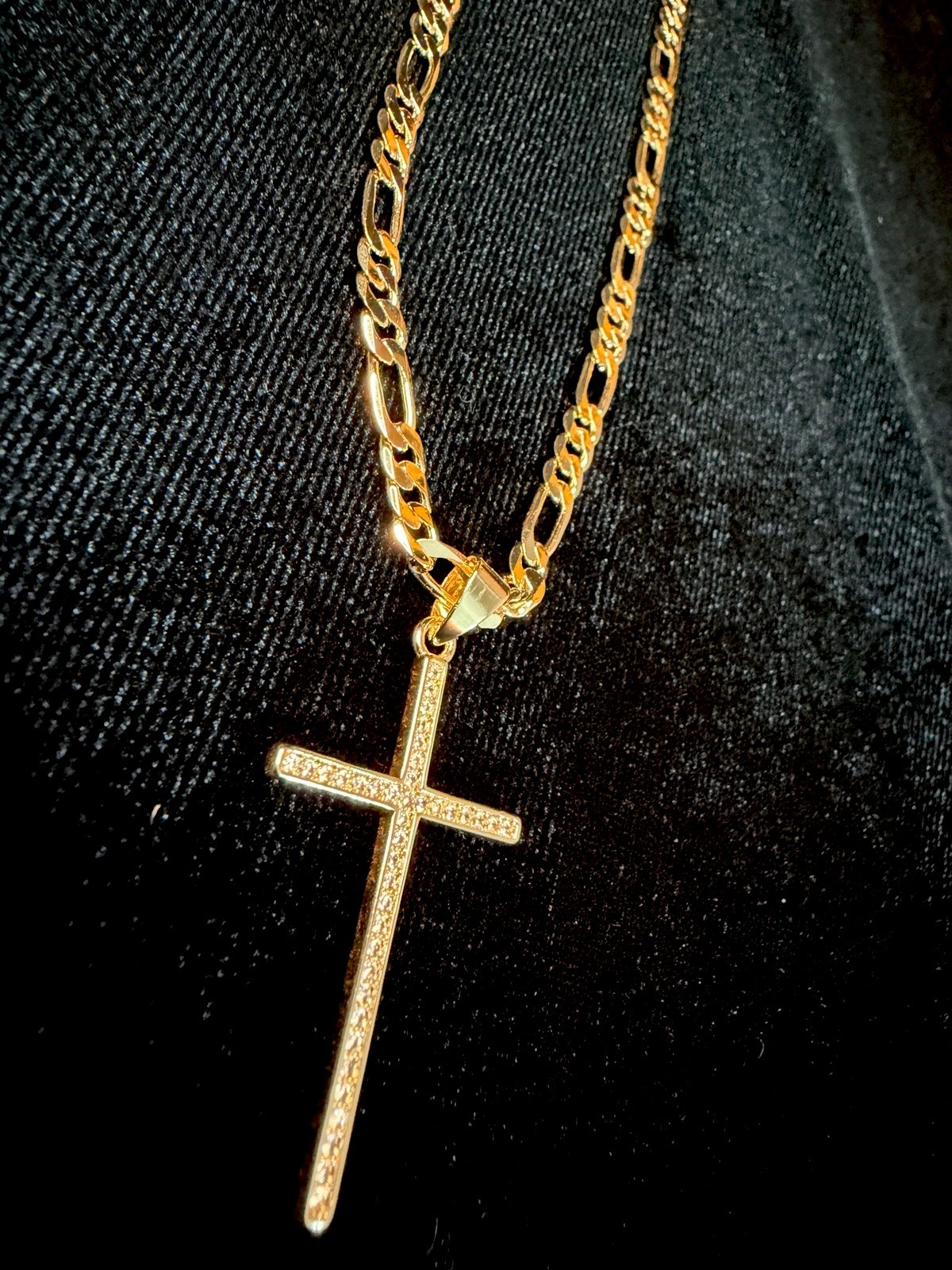 Dainty 18in 4MM Figaro Necklace Cross Pendant Religious 14K GP CZ Stones