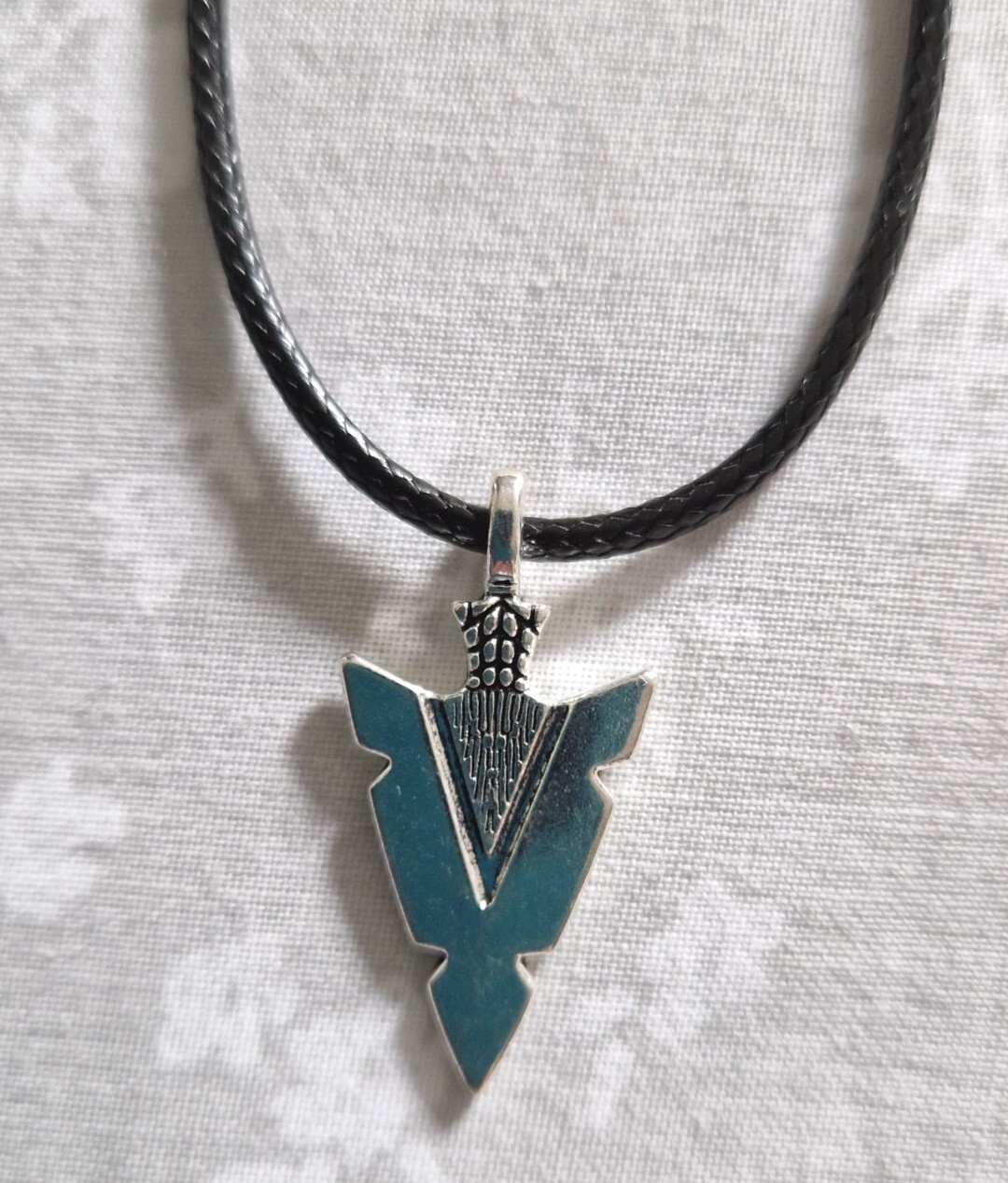 Tibetan silver arrow head charm necklace on faux leather neck cord, unisex, gift