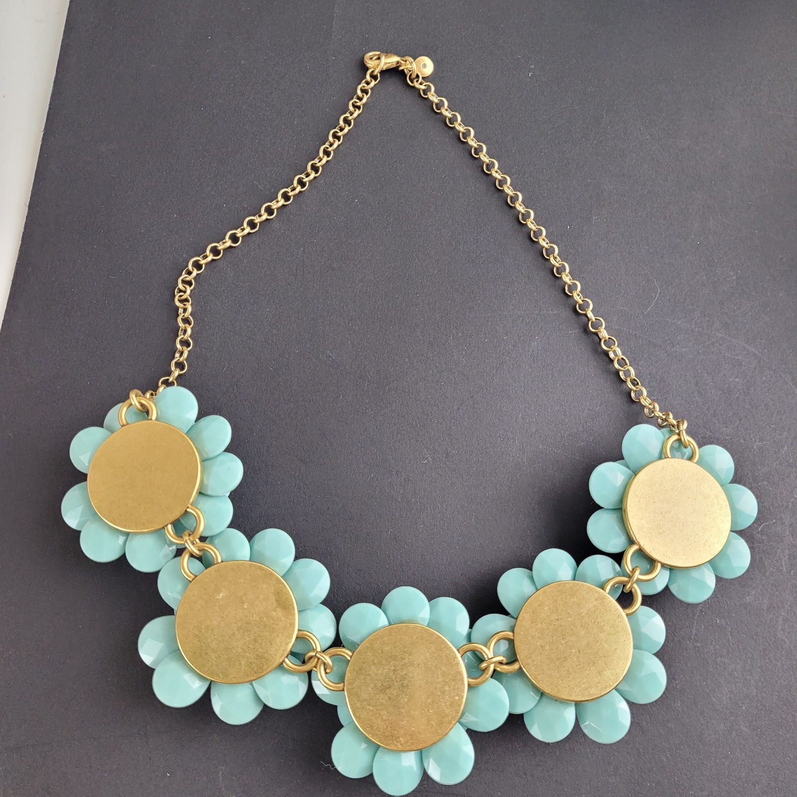 J Crew Robins Egg Blue Flower Necklace With Clear Rhinestones 20″