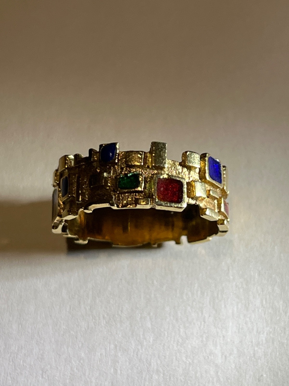 1970s modernist 14k gold geometric multi gemstone mosaic band estate piece
