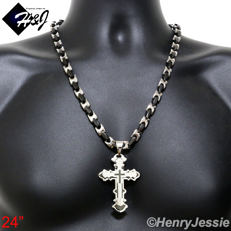 18″-40″MEN Stainless Steel 8mm Black Plated Interlock Bones Necklace Pendant*P72