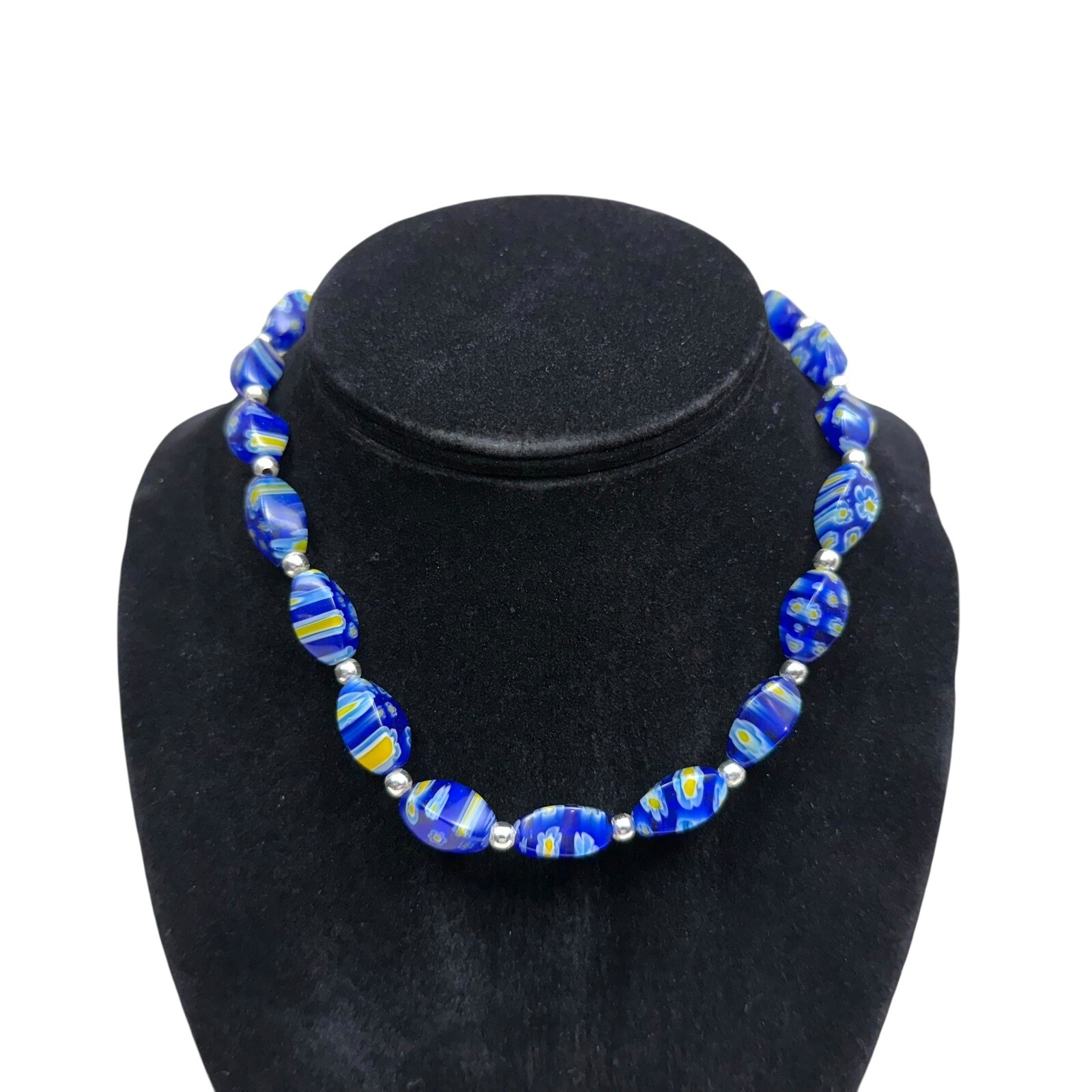 925 Silver Blue Millefiori Glass Beaded Necklace Floral Collar Accent 7.5 in L