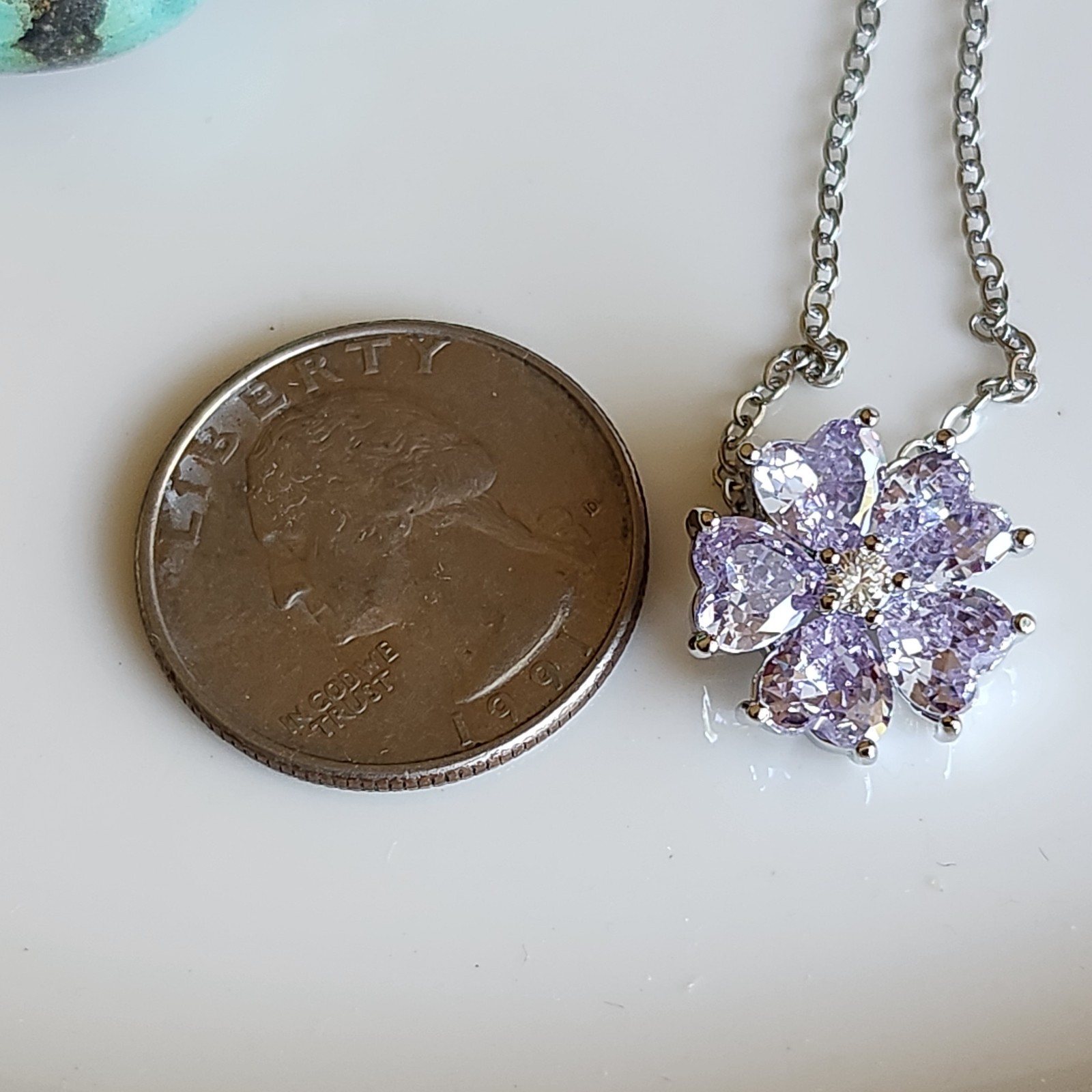 14k White Gold-plated 6mm HEART Purple Amethyst Floral 16mm Pendant Free Chain