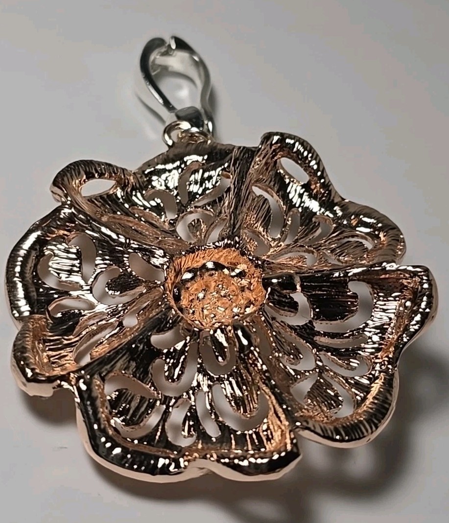 Roman (RMN) Rose Gold Flower Pendant Signed W/ Rhinestones Signed Wearable Art