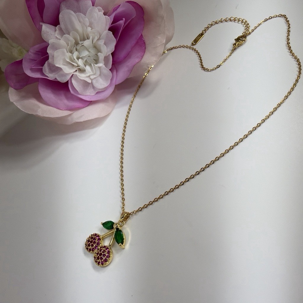 Gold Tone Stainless Steel Cable Necklace Cherry Charm Pendant Pink Crystals
