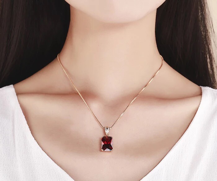 ZARD Emerald Cut Red Cubic Zirconia Pendant in 14K Gold Necklaces