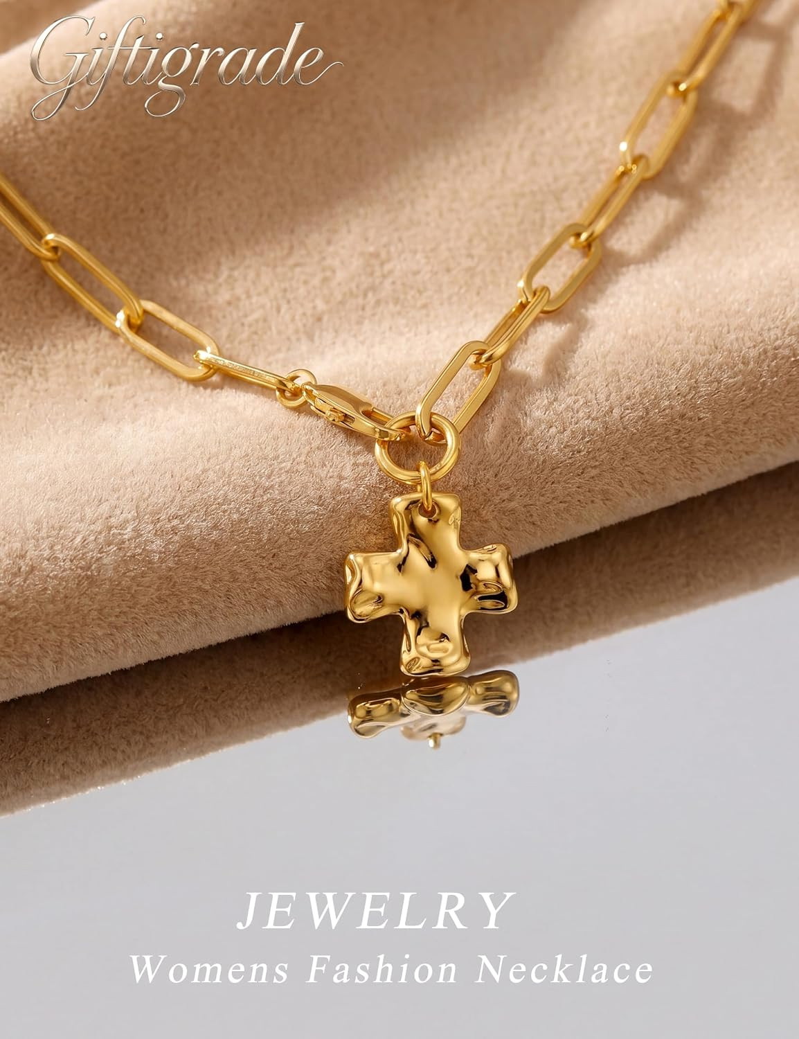 Gold Chunky Cross Necklace for Women Toggle Hammered Cross Chunky Necklaces | 14