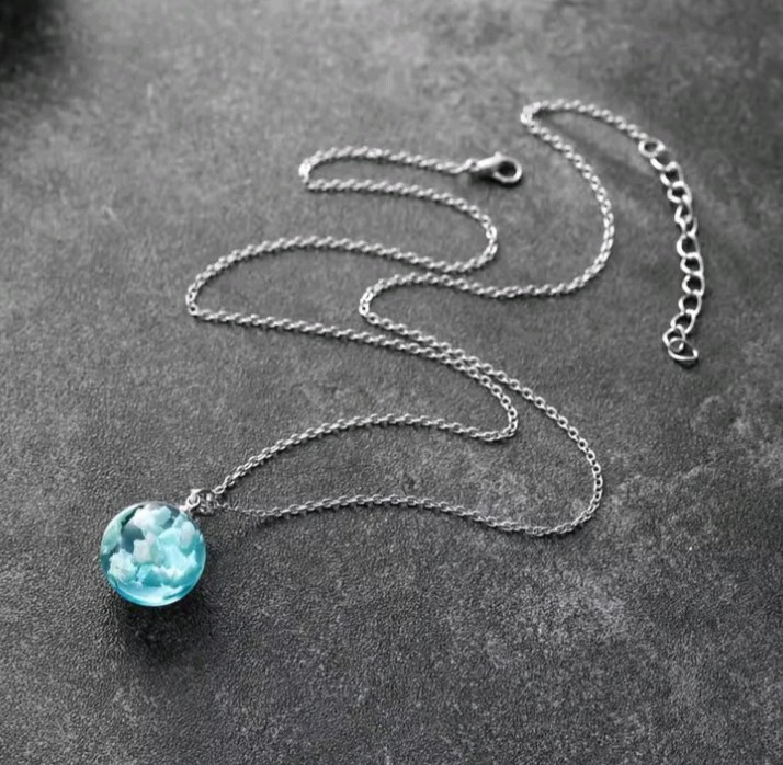 Blue Sky White Cloud Resin Ball Pendant Necklace Round Chain Gift for Women