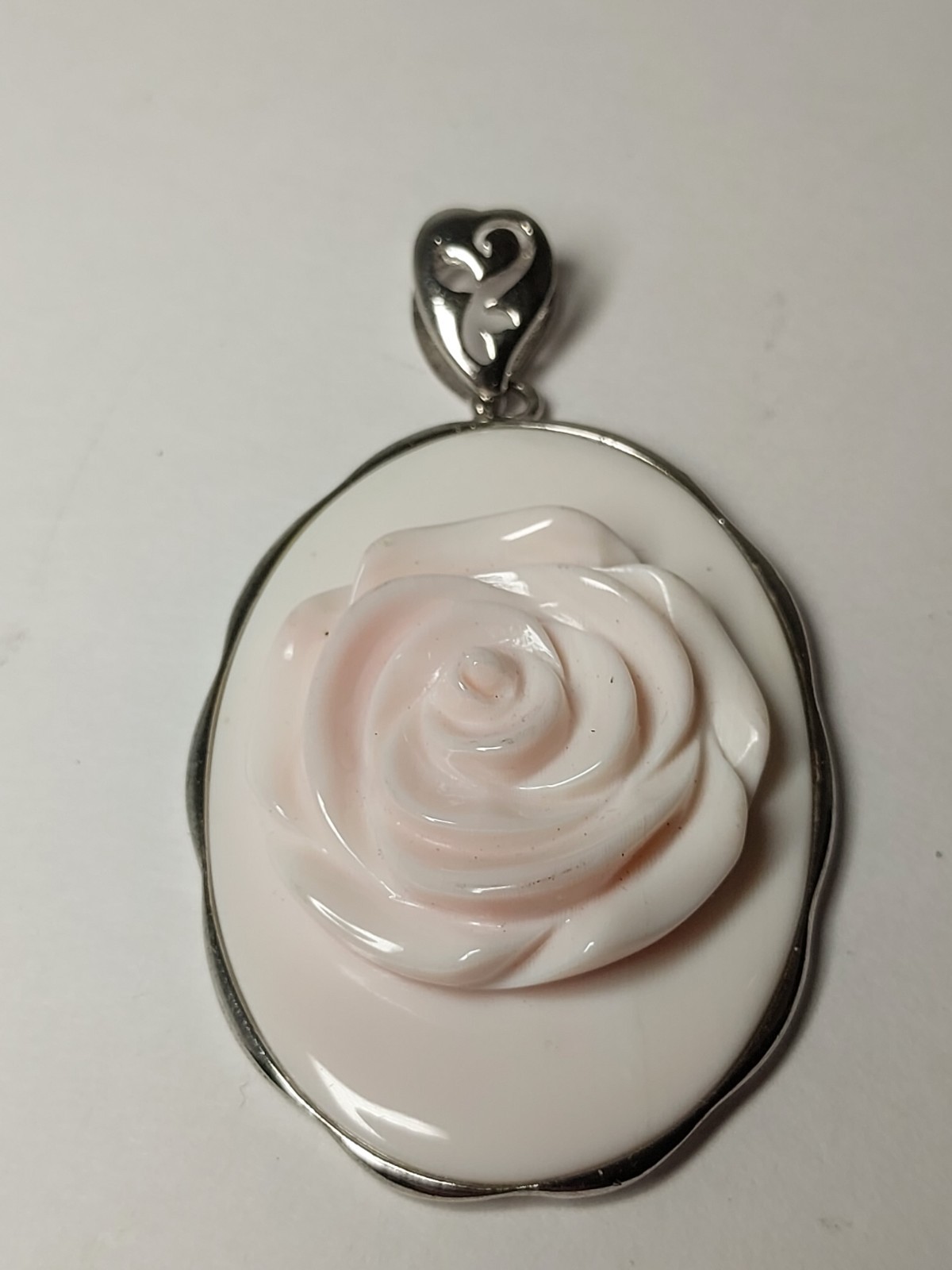 Pink Conch Shell Rhodium Over Sterling Silver 925 Fancy Rose Pendant Large