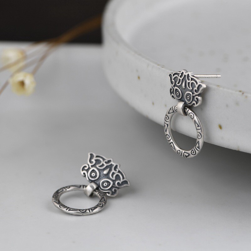 THAI Door Knocker Earrings Ornate Dangle Hoop Vintage Stud S925 Sterling Silver