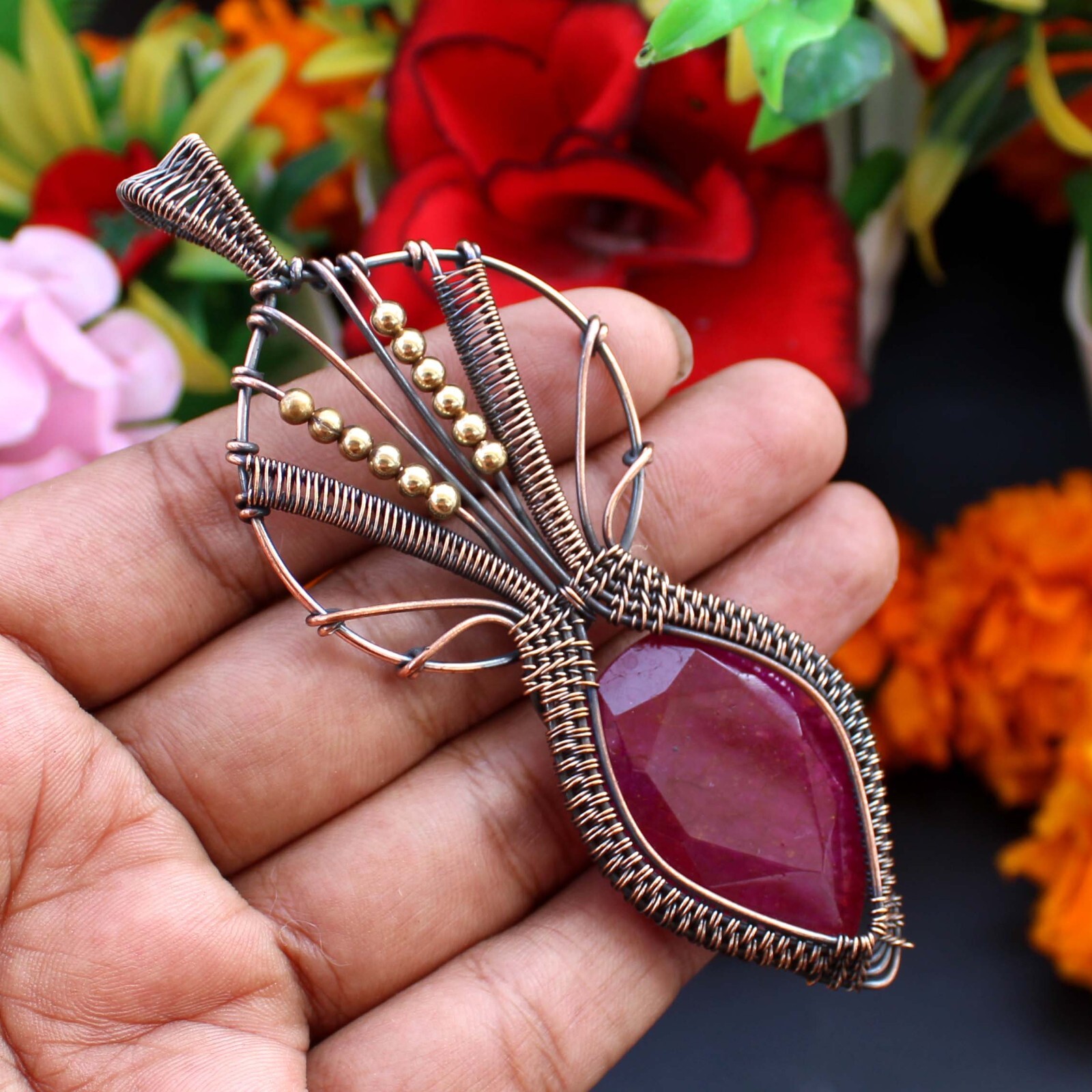 Kashmiri Ruby Handmade Pendant Copper Wire Wrapped Pendant Ruby Gemstone Jewelry