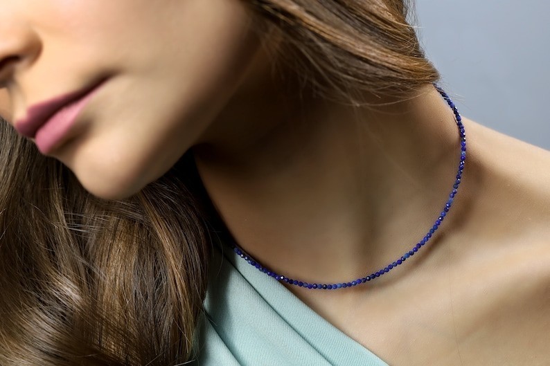 Blue Lapis Lazuli Faceted Round Gemstone Beaded Minimalist Women Necklaces 18″