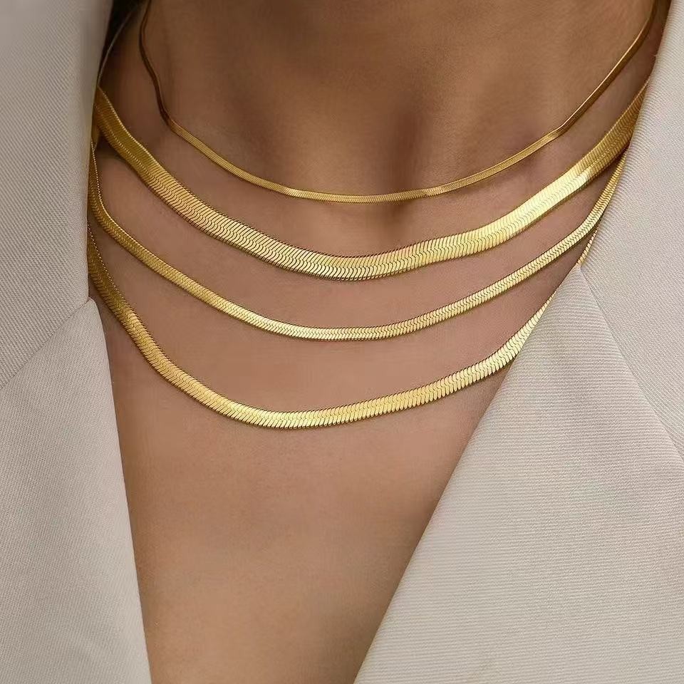 14K Gold Titanium Steel Snake Chain Necklace Flat Herringbone Choker Necklace