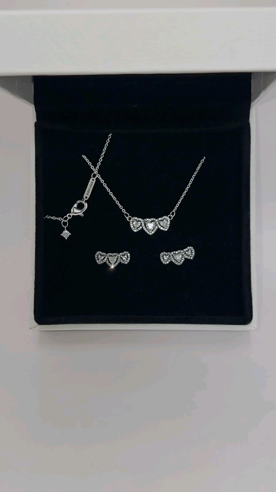 Authentic PANDORA 925 Halo Heart Trilogy Collier Necklace & Earrings Gift Set Z4