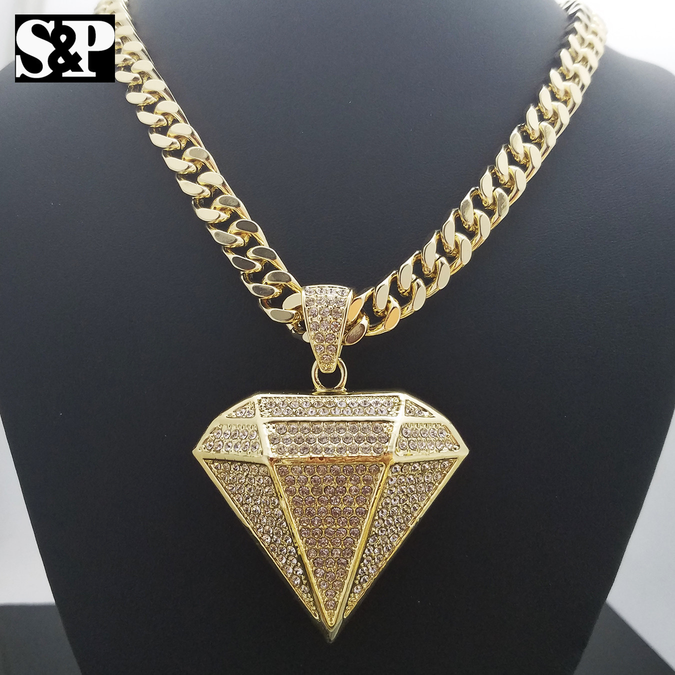 Gold Plated Alloy Cubic Zirconia Diamond Shape 30″ Cuban Chain Hip Hop Necklace