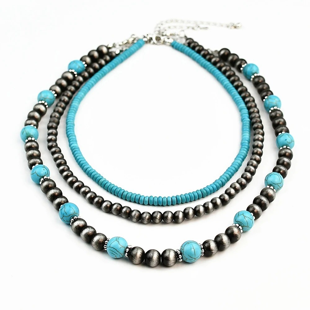3Pcs Pearl Turquoise Beaded Necklace Set Boho Vintage Choker Women Jewelry