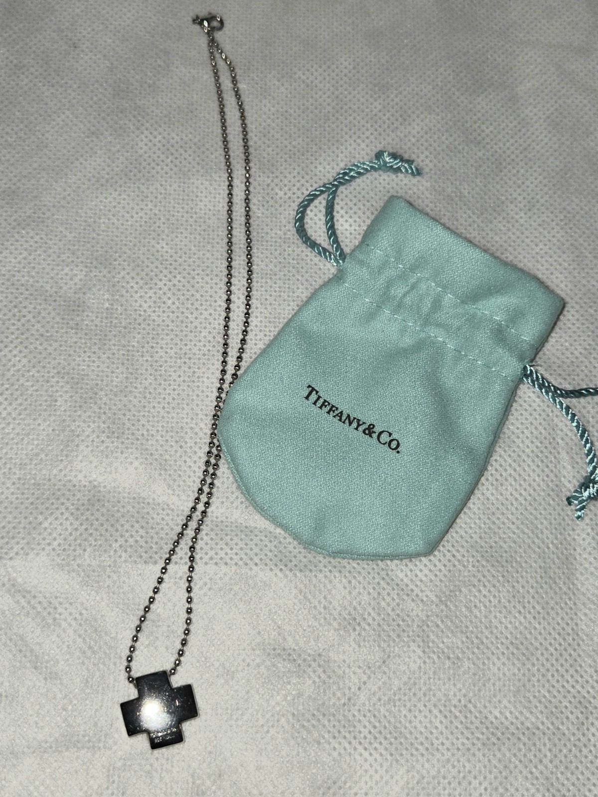 Tiffany & Co. 925 Sterling Square Roman Cross On Ball Chain Necklace Signed