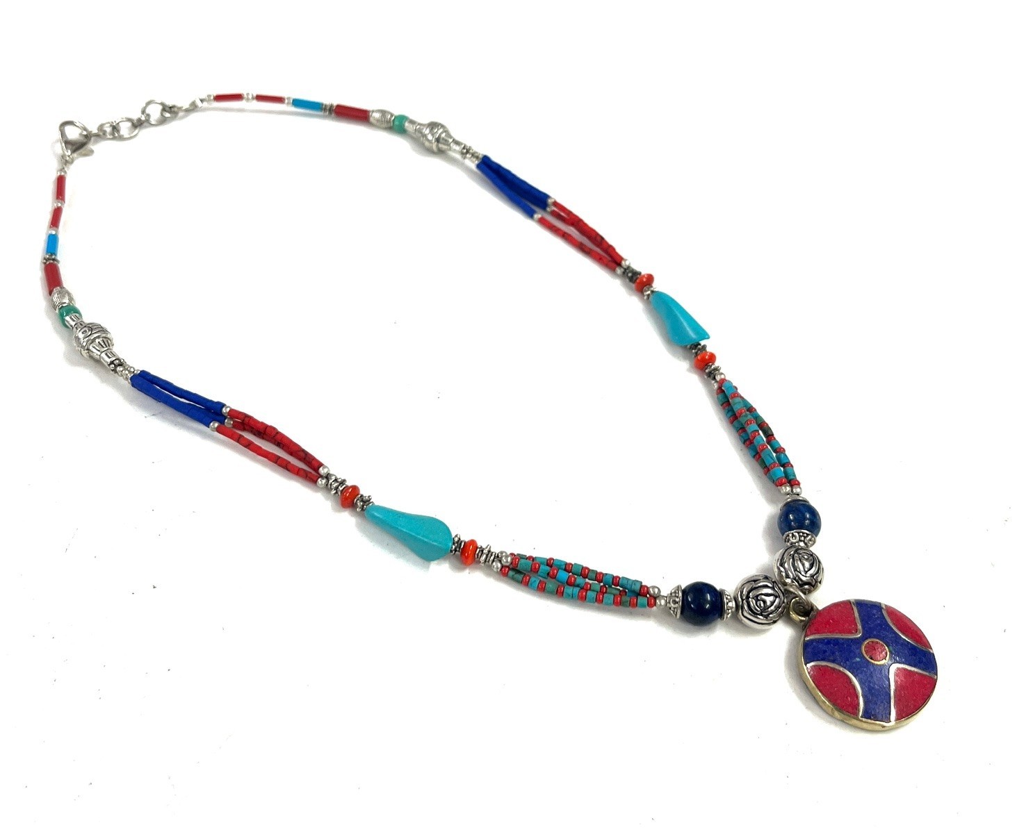Lapis Coral Turquoise Gemstone Tibetan Handmade Necklace Jewelry, 18 Inc Adjst