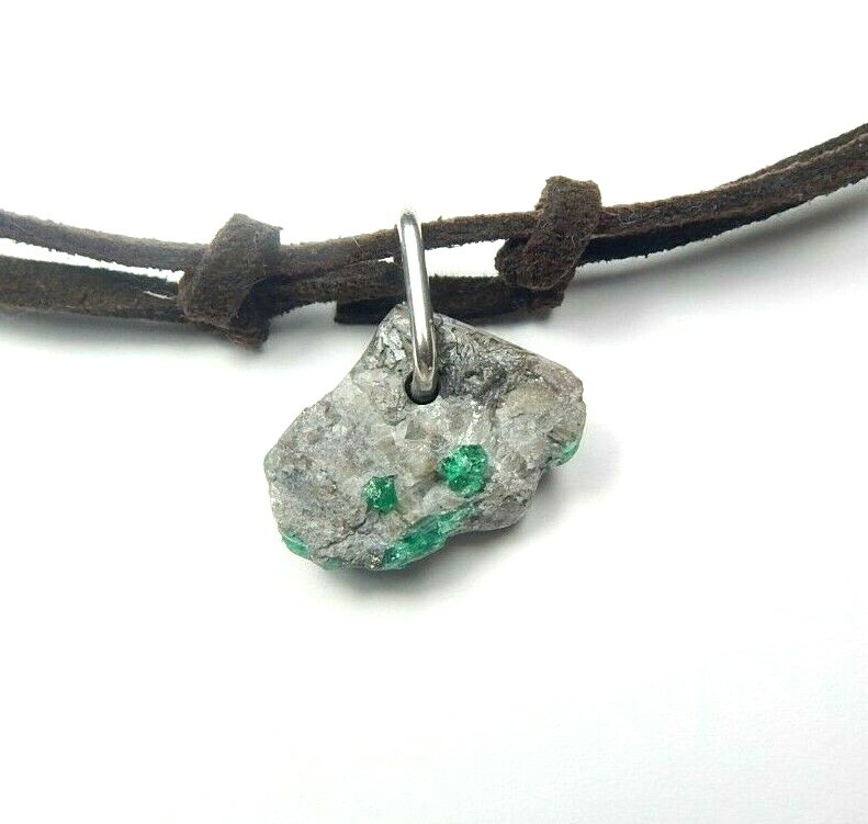 Colombian Emerald Raw MineraL Beryl 12.00 Cts Silver- Leather Necklace Muzo Mine