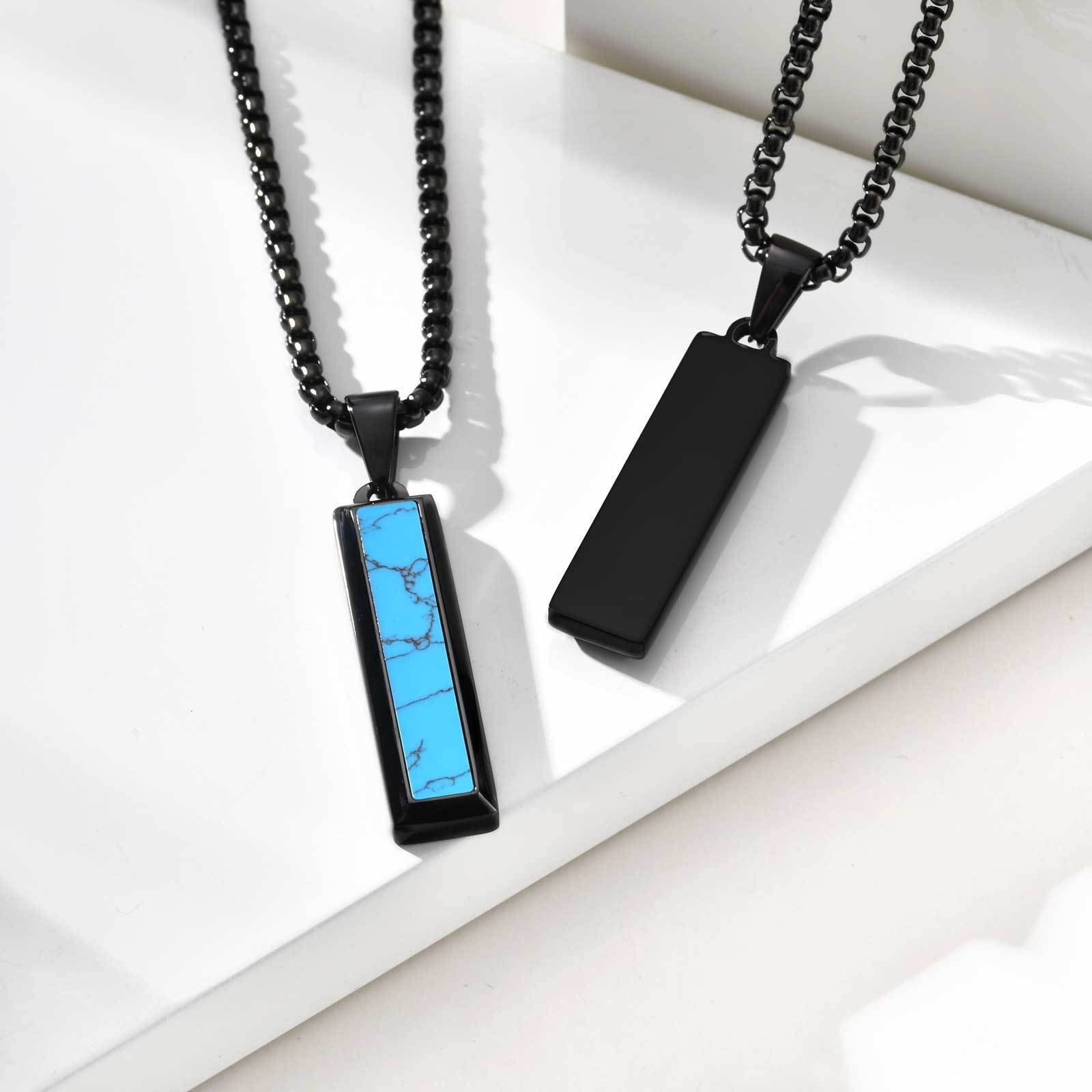 Men’s Fashion Stainless Steel Agate and Turquoise Geometric Bar Pendant Necklace