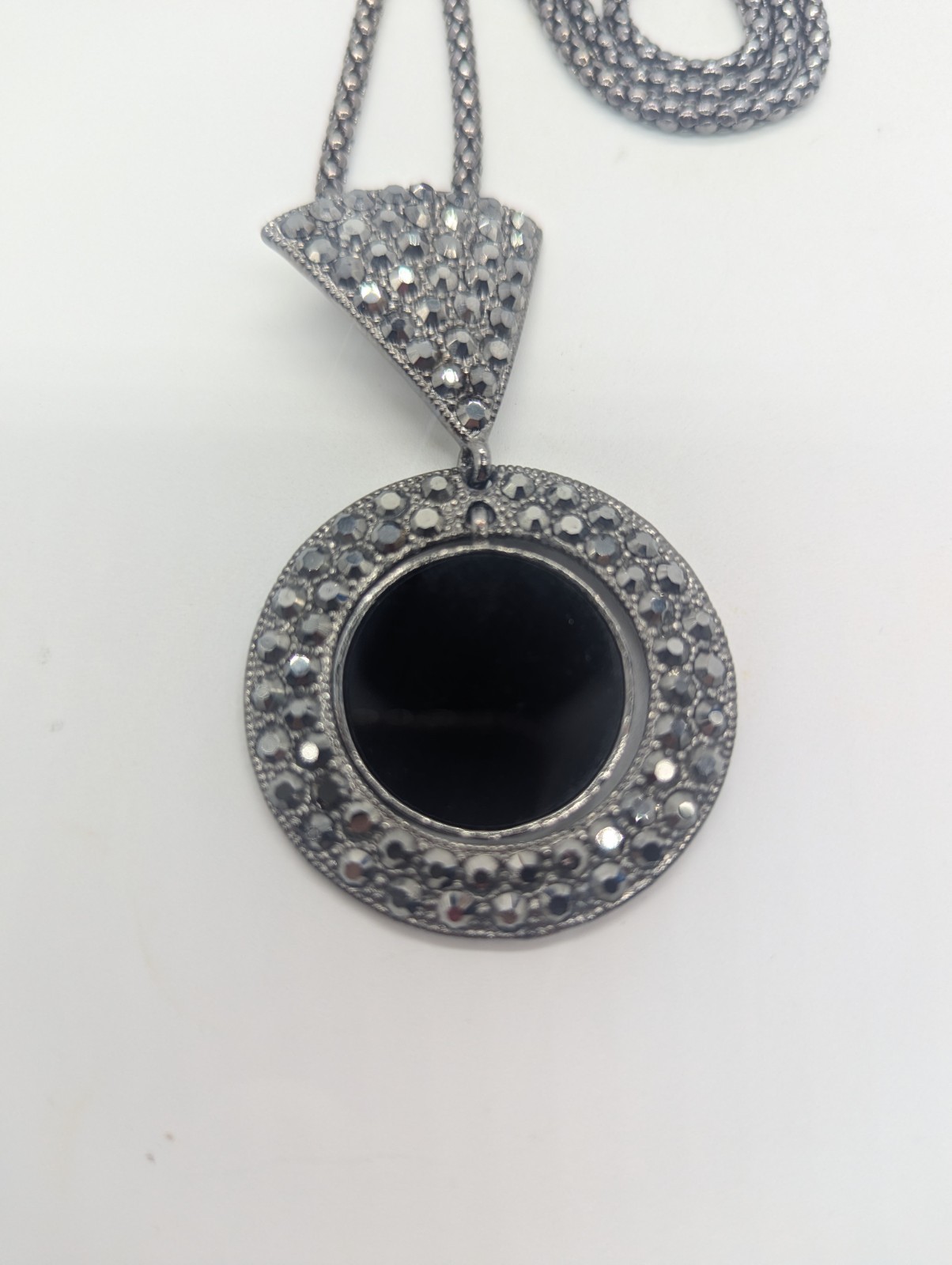 Silver Tone Round Pendant Necklace Black Centre, Rhinestone Pavé, Lobster