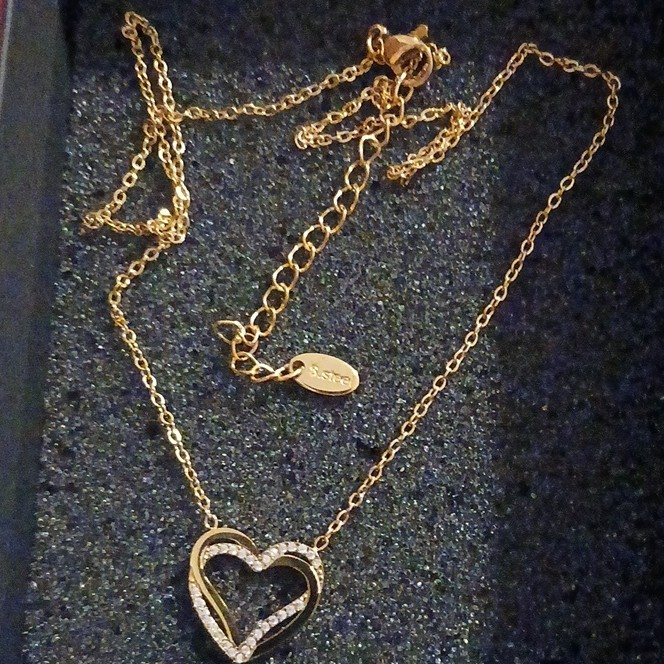 Gold Over S.Steel Heart Charm Necklace Crystal Pavé Cable Chain 1.5″ Adjustable