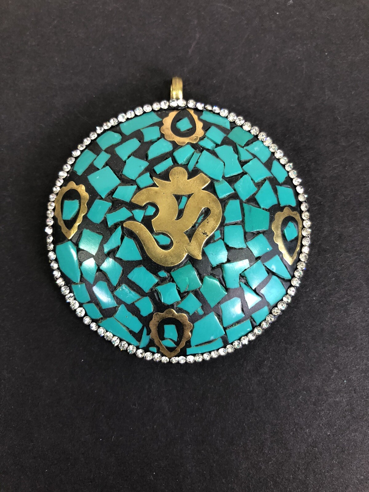 vtg OM Mantra turquoise brass pendant Tibet NEPAL newly crystal embellished