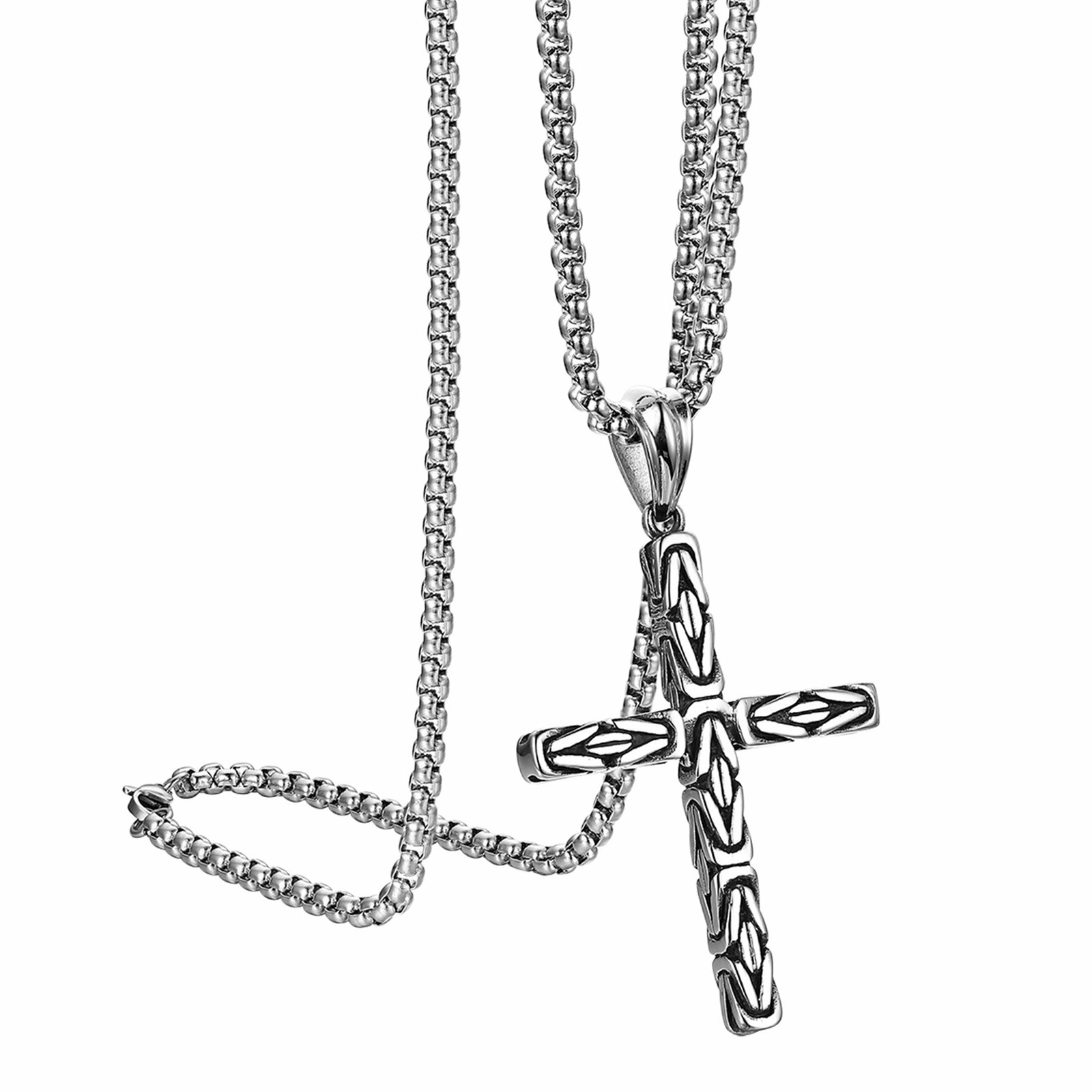 Mens Boys Stainless Steel Vintage Cross Pendant Prayer Necklace Wheat Chain