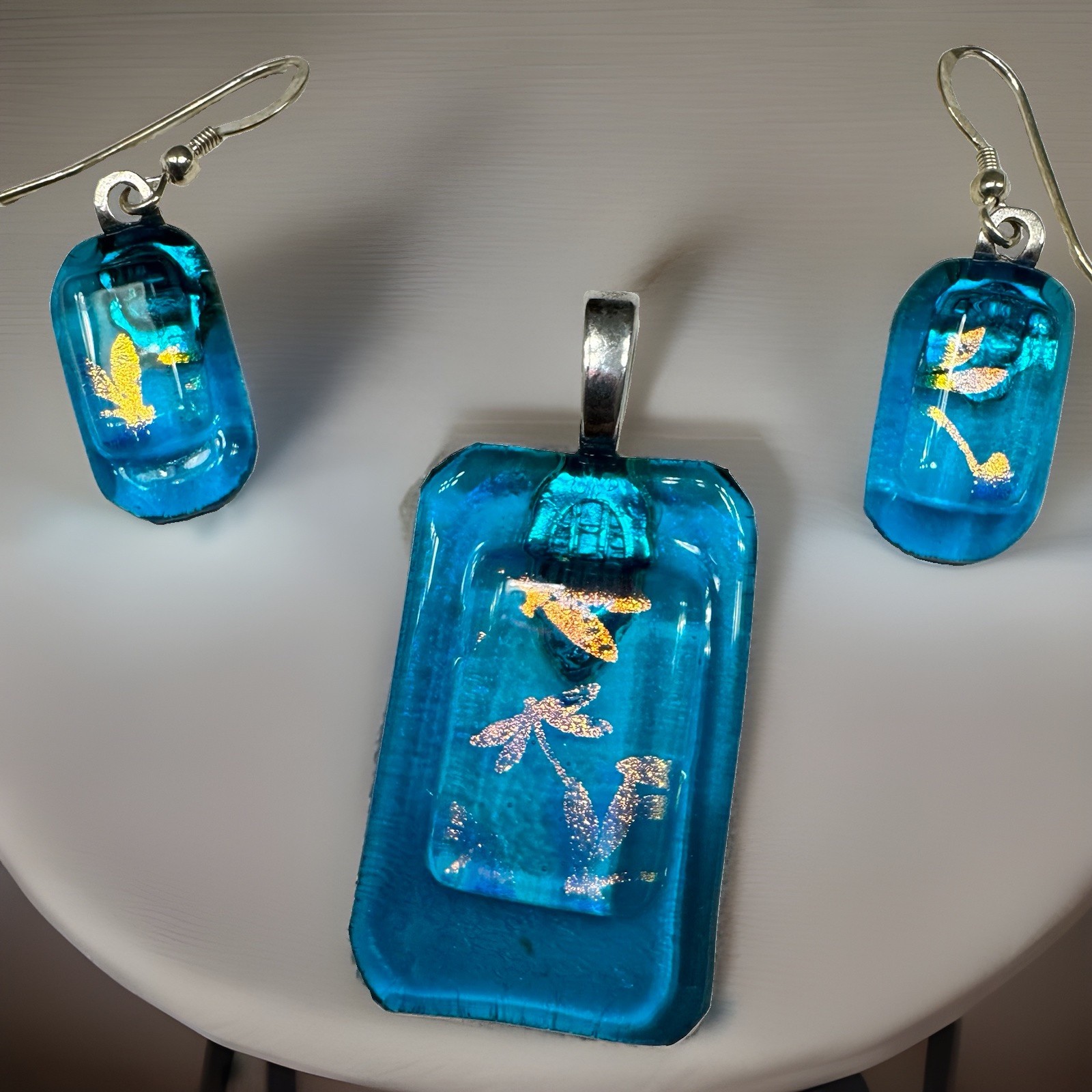 Japanese inspired blue resin pendant with Earrings, embedded Iridescent flakes