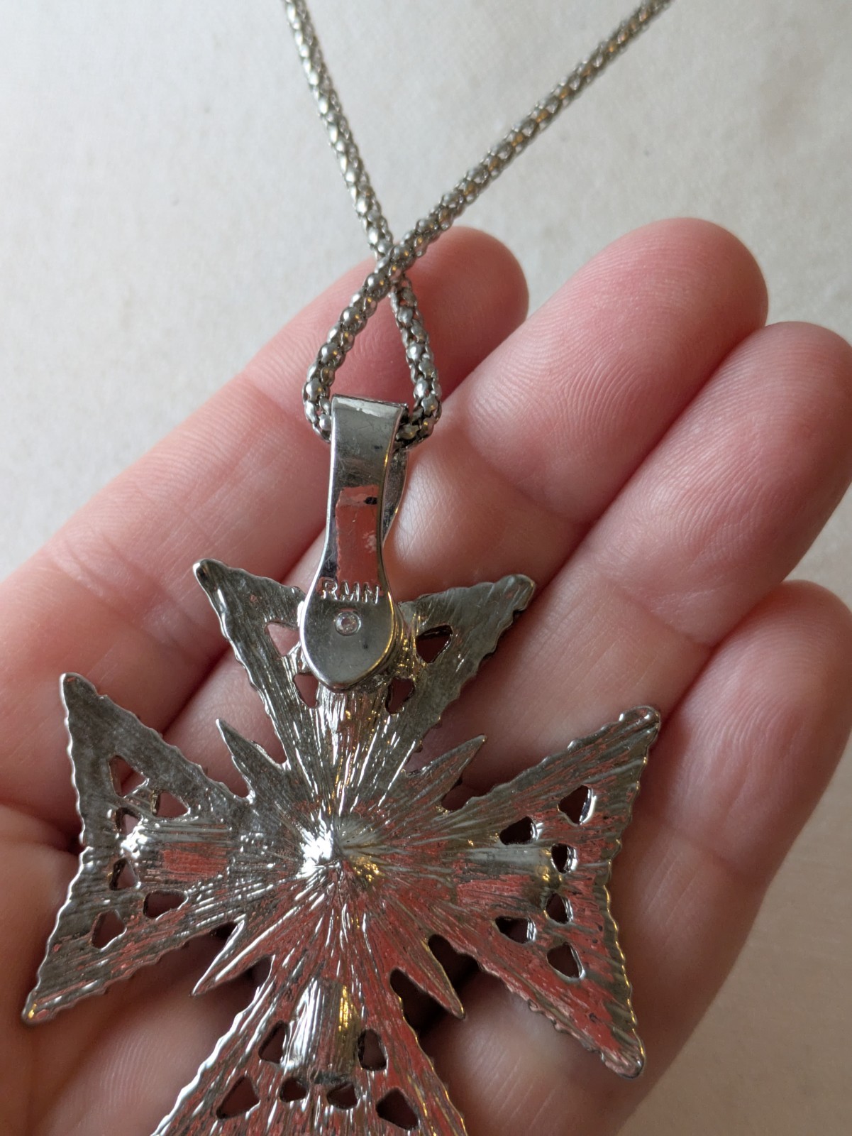 RMN Roman Pendant Necklace In Silver Tone & Pink Rhinestones Maltese Cross