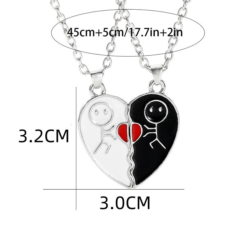 2pcs Magnet Matchstick People Lovers’ Black White Heart Pendant Chain Matching N